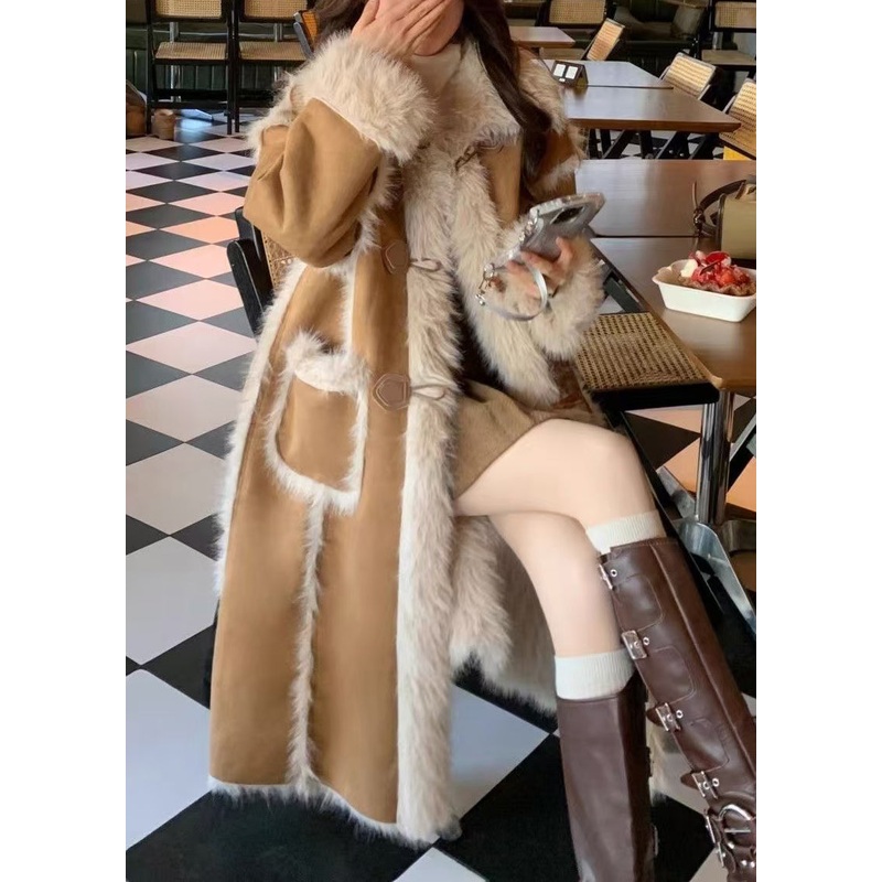 Stylish Khaki Pockets Patchwork Leather And Fur Warm Fleece Coat Winter