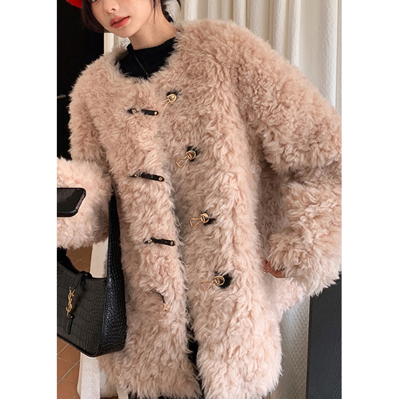 Stylish Pink O Neck Buckle Faux Fur Coat Winter