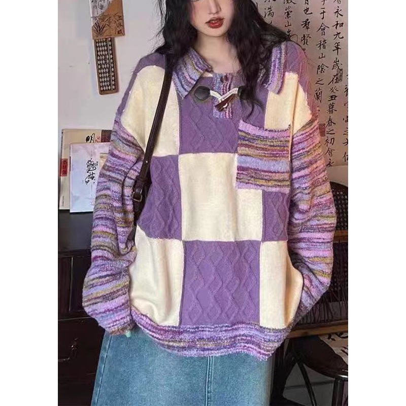 Stylish Purple Peter Pan Collar Plaid Knit Sweaters Spring