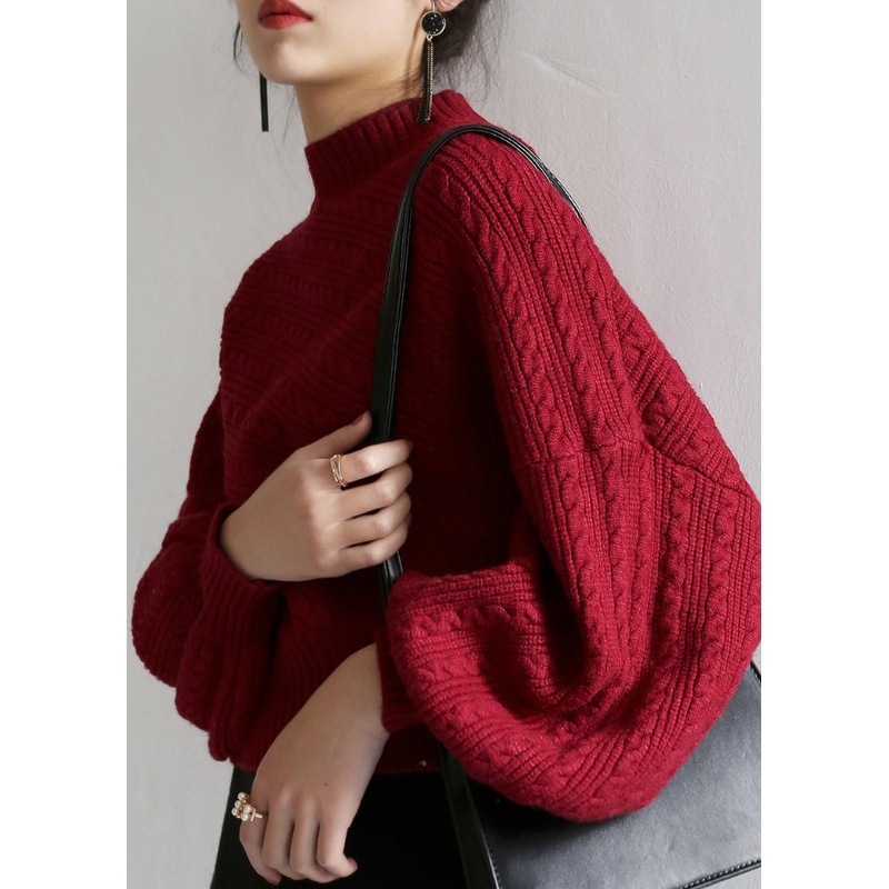 Stylish Red Hign Neck Patchwork Knit Sweater Lantern Sleeve