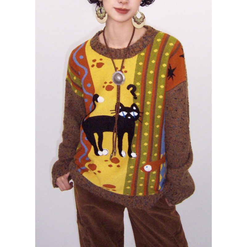 American Style Brown Embroidered Patchwork Knit Sweater Tops Spring