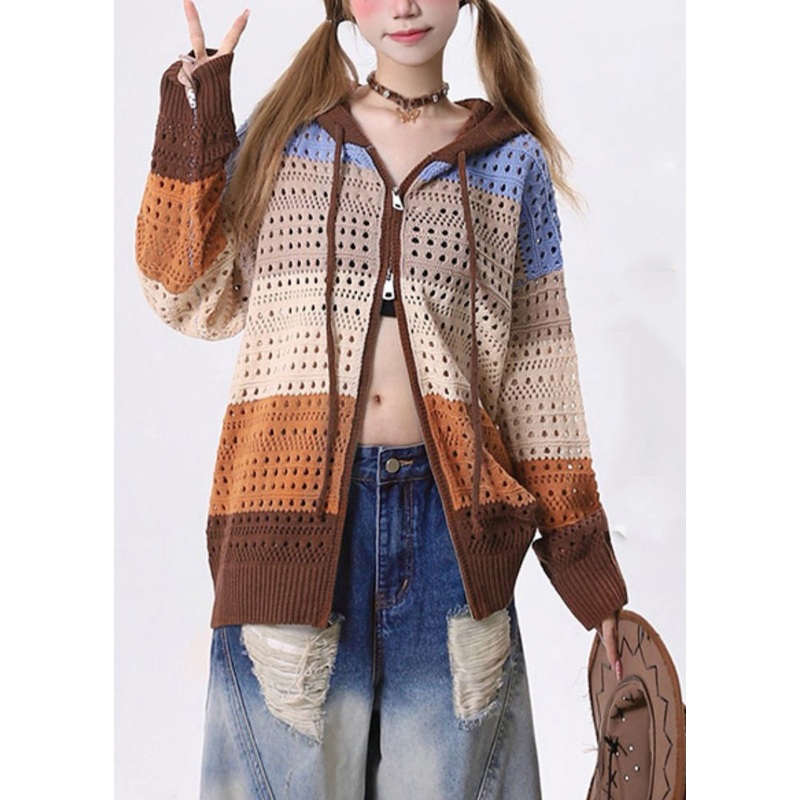 American Style Coffee Zippered Hollow Out Hooded Knit Cardigan Spring