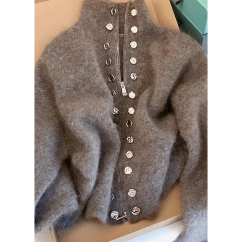 Beautiful Grey High Neck Zip Up Woolen Knit Cardigans Spring