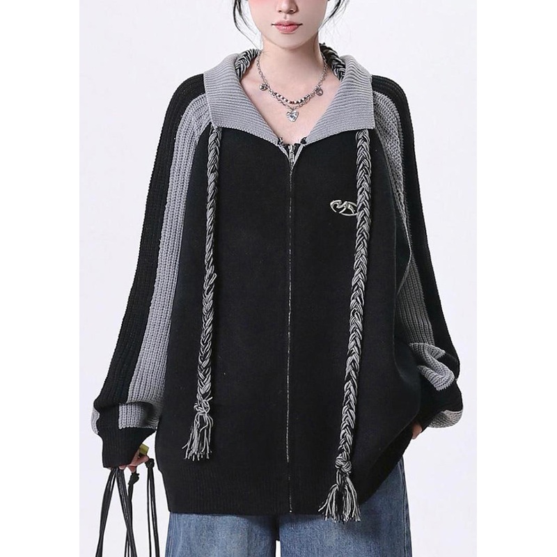 Chic Black Zip Up Patchwork Loose Knit Cardigan Spring
