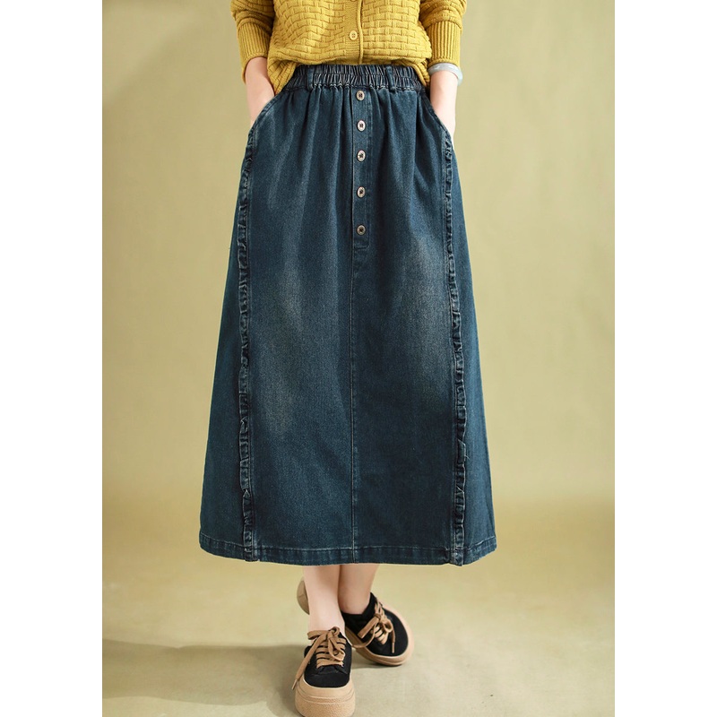 Chic Blue Ruffled Button Denim A Line Skirt Spring