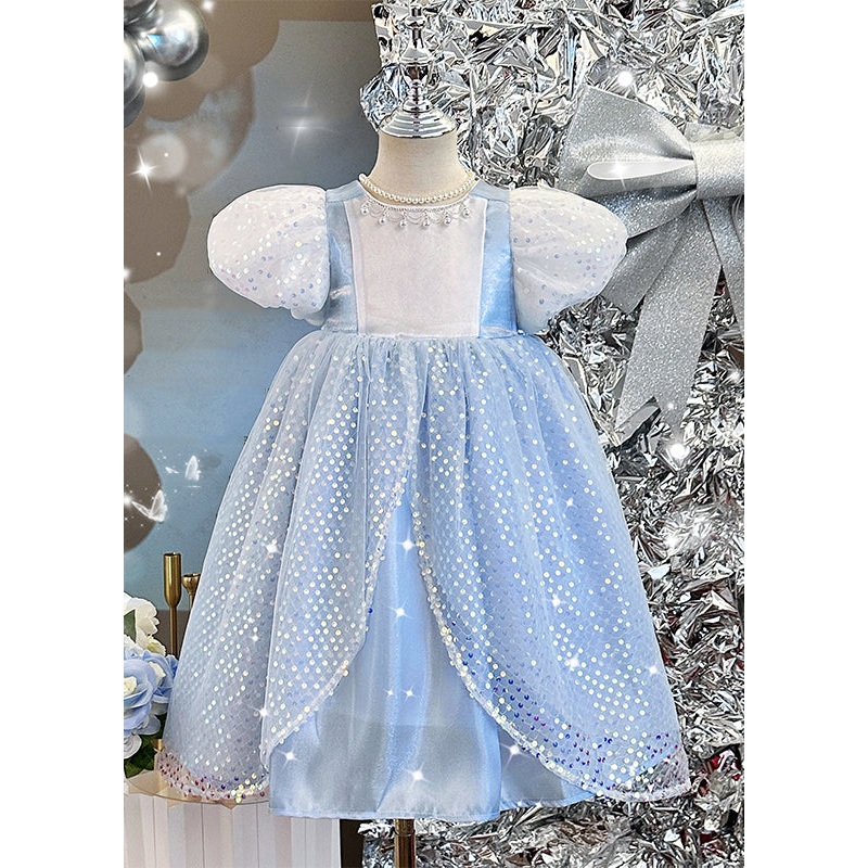 Cute Blue O-Neck Sequins Patchwork Tulle Kids Maxi Dresses Puff Sleeve