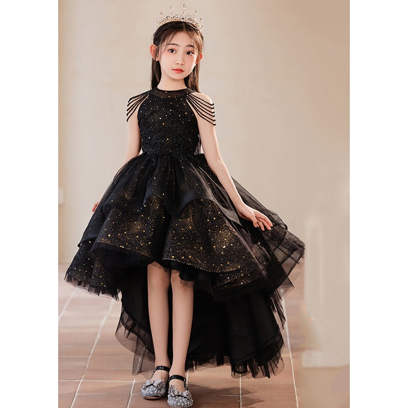 Elegant Black Turtleneck Dot Low High Design Tulle Girls Maxi Dress Summer