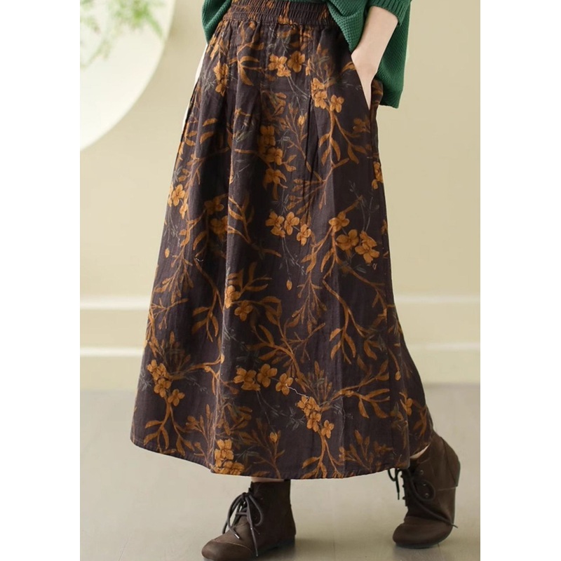 Fitted Brown Oversized Print Cotton Skirt Spring