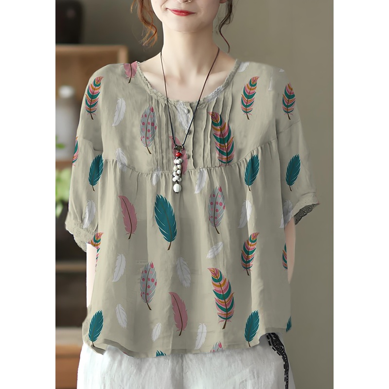 Plus Size Khaki feathers Grey Button Linen Tops Half Sleeve