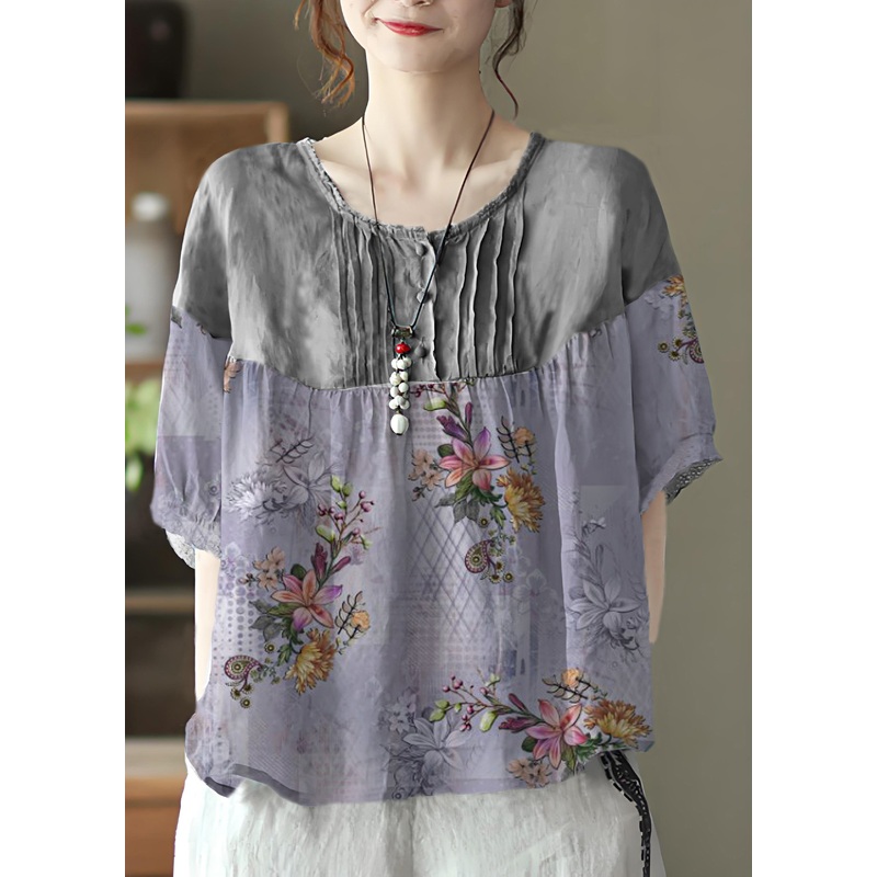 Plus Size Purple flowers Grey Button Linen Tops Half Sleeve