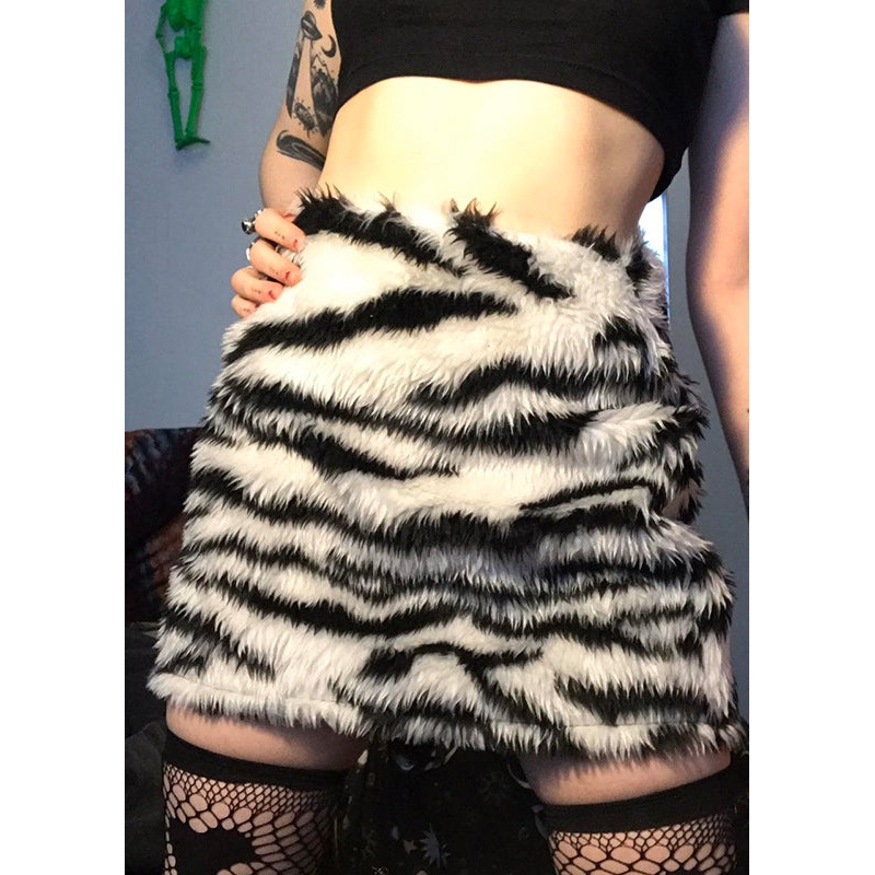 Style Zebra Pattern Black High Waist Faux Fur Skirt Spring