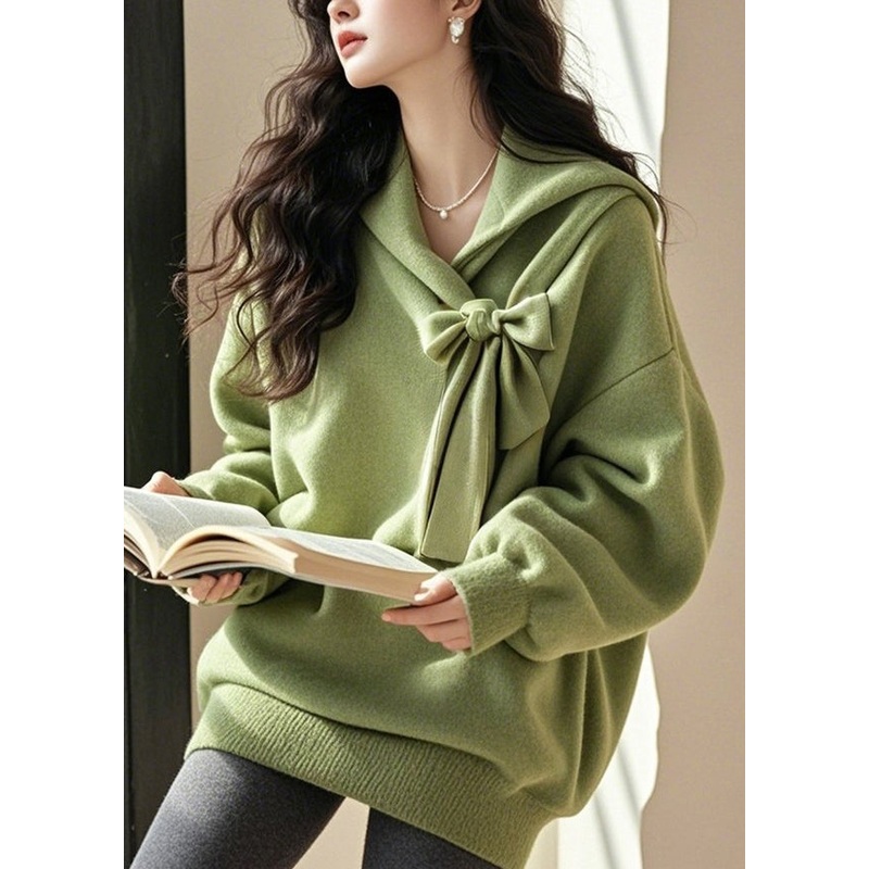 Stylish Green Bow Patchwork Cotton Sweatshirts Top Spring