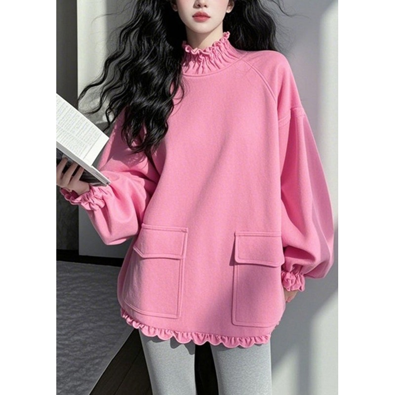 Stylish Pink Ruffled Pockets Patchwork Cotton Top Spring