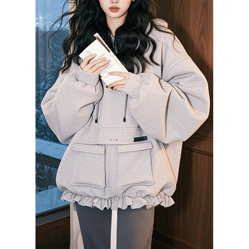 Unique Grey Ruffled Pockets Patchwork Cotton Hooded Pullover Spring