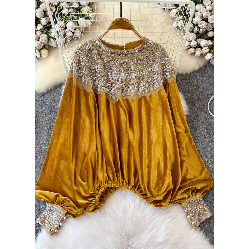 Unique Yellow O Neck Sequins Patchwork Velour Blouse Tops Spring