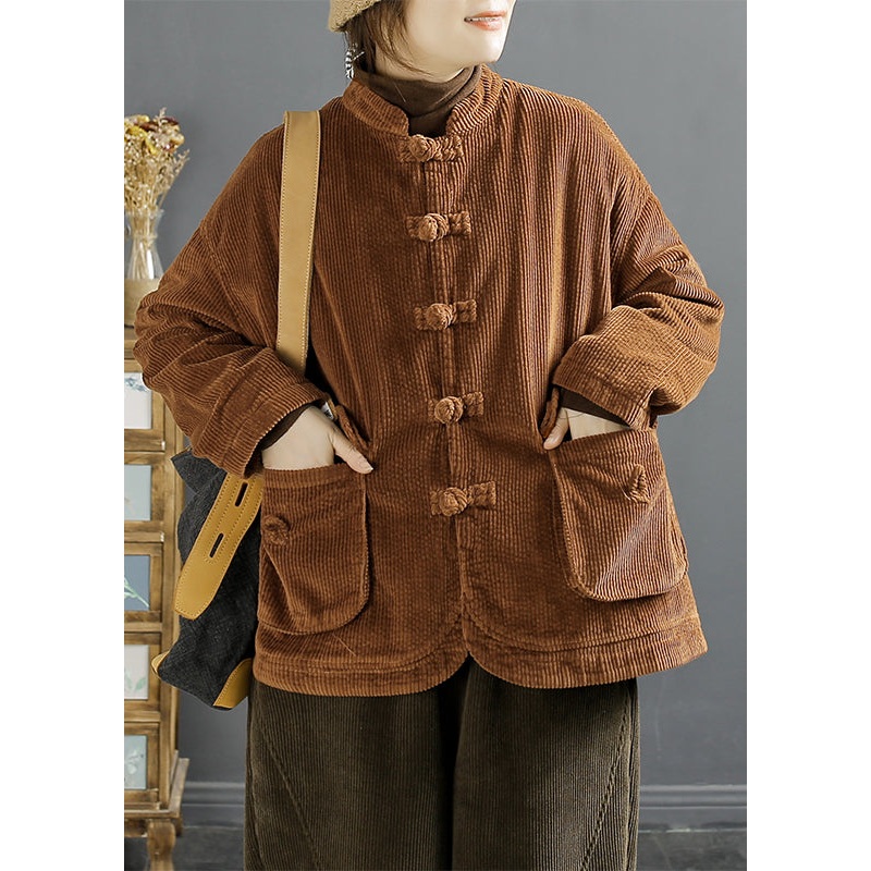 Vintage Brown Chinese Button Pockets Corduroy Coats Spring
