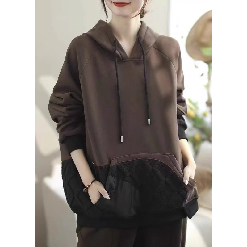 Women Coffee Pockets Patchwork Warm Fleece Pullover Streetwear Spring