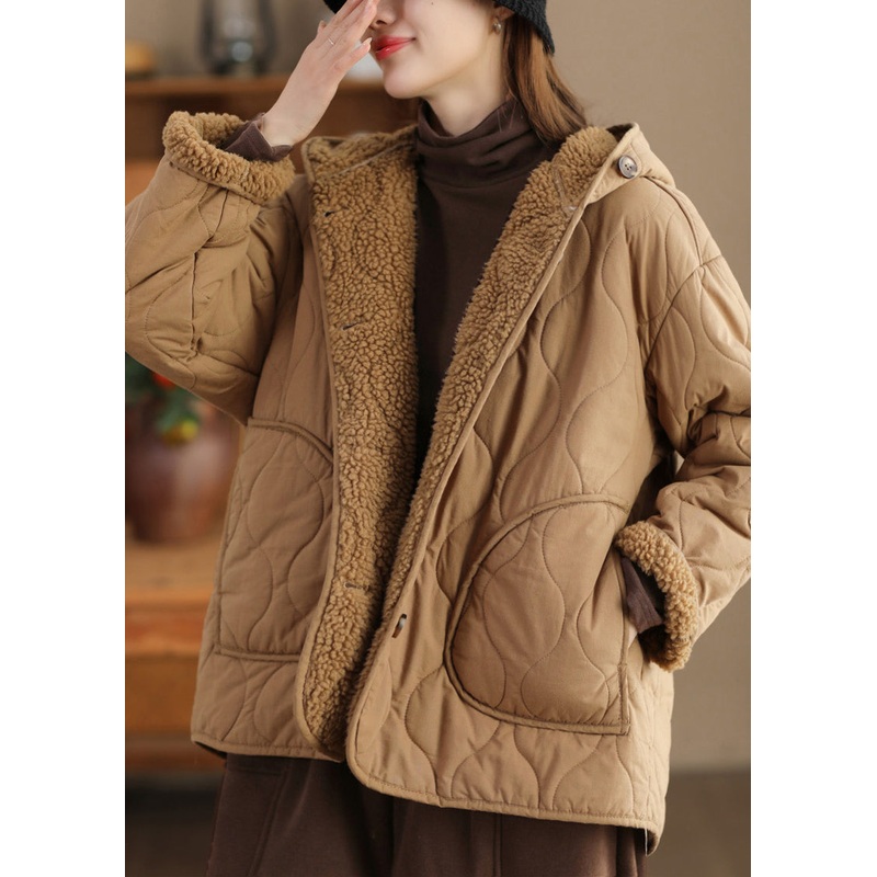 Women Khaki Oversized Fleece Wool Lined Hooded Jacket Spring