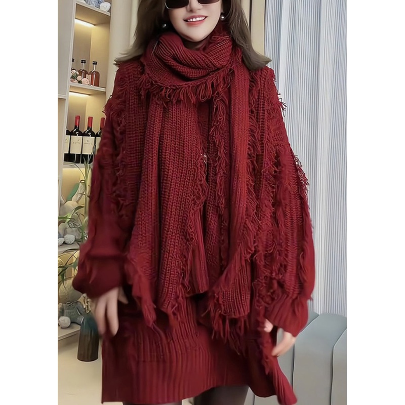 Women Red Tassel Patchwork Knitted Sweaters Spring
