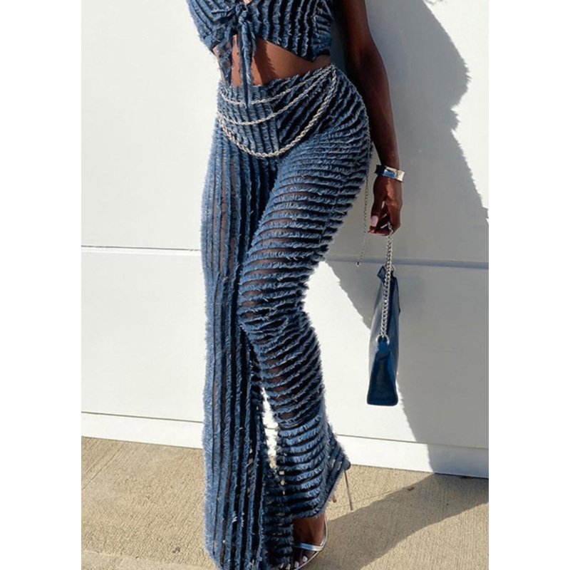 Bohemian Blue Striped Fluffy High Waist Knit Flared Trousers Spring