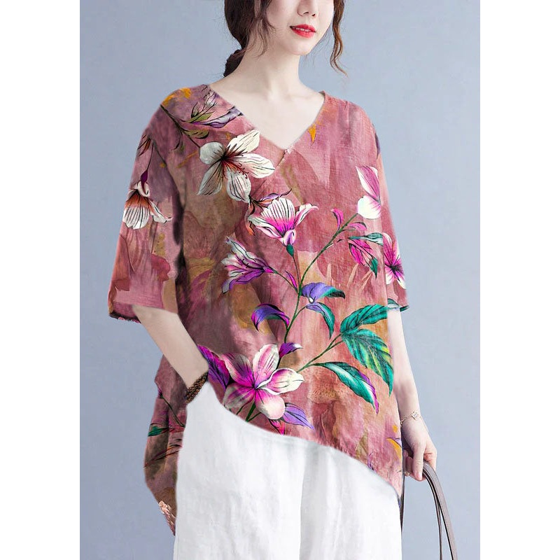 French Red flowers V Neck Print asymmetrical design Fall Half Sleeve Shirt Top