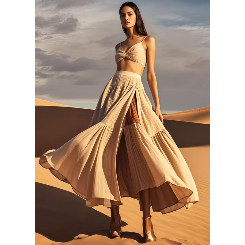 Art Khaki Exra Large Hem Patchwork Side Open Cotton Skirt Spring