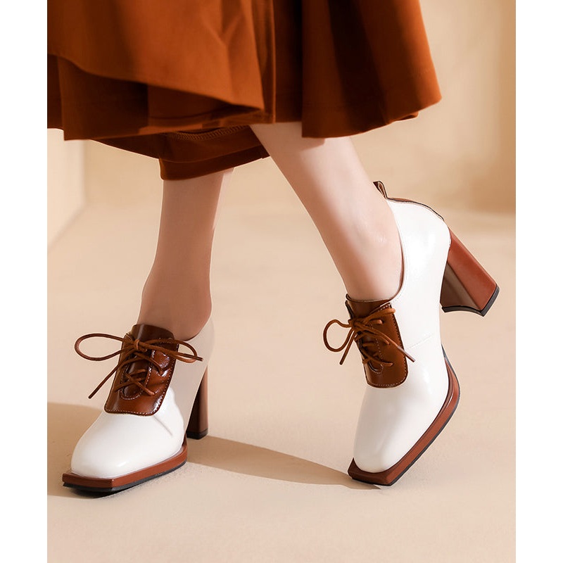Chic Lace Up Splicing Chunky High Heels Beige Cowhide Leather