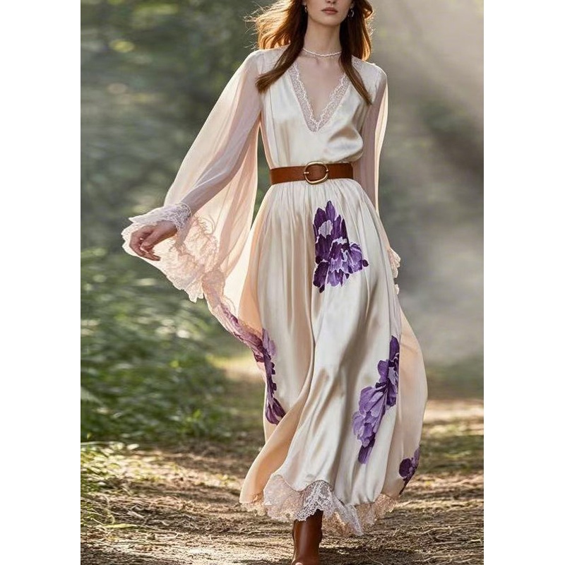 Art Apricot V Neck Print Chiffon Dresses Spring