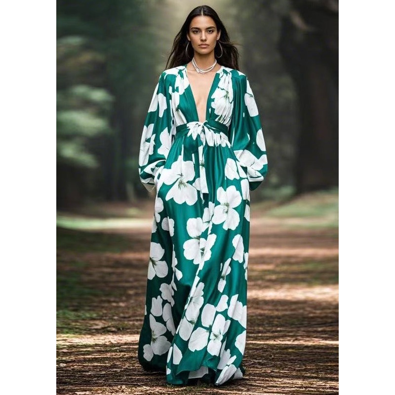 Art Green V Neck Print Pockets Silk Long Dress Spring