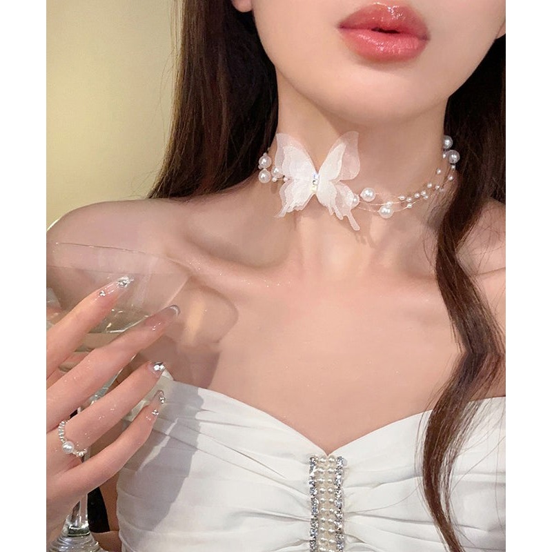 Stylish White Alloy Zircon Pearl Butterfly Necklace