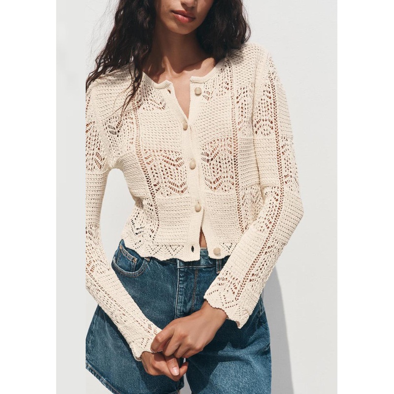 Art Beige O Neck Button Hollow Out Knit Tops Summer