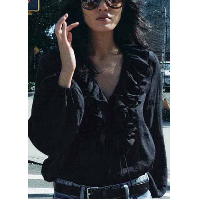 Art Black Ruffled Lace Up Cotton Blouse Fall