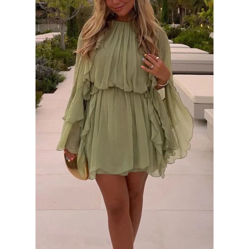Art Green Ruffled Solid Chiffon Mini Dress Fall