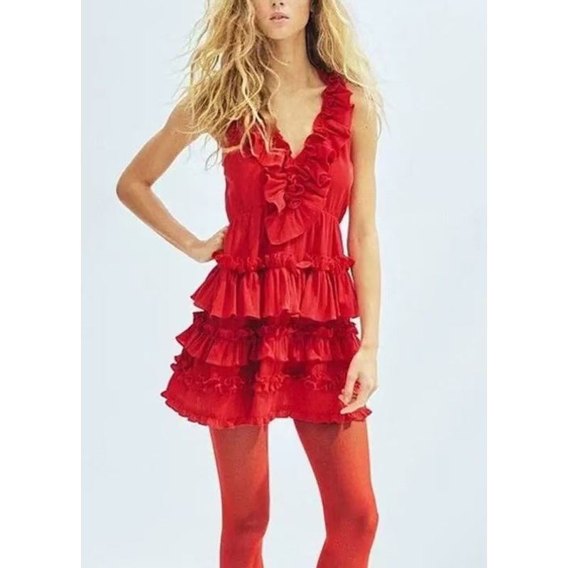 Art Red V Neck Ruffled Cotton Mini Dress Sleeveless