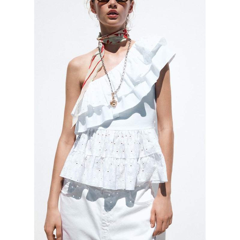 Art White Asymmetrical Hollow Out Cotton Tops Summer