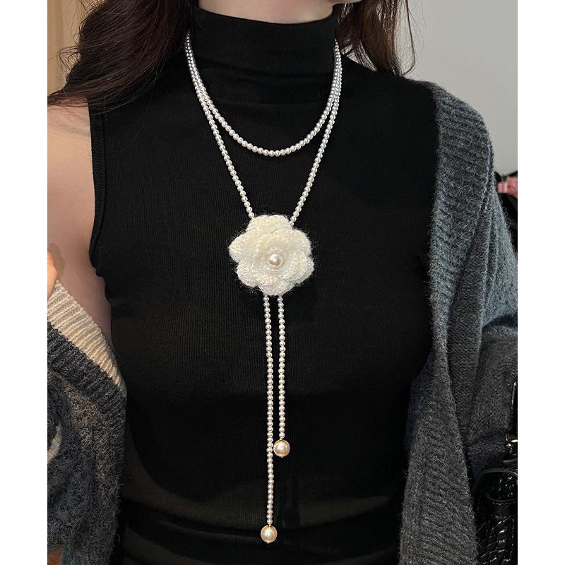 Brief White Alloy Camellia Pearl Beading Double Layered Pendant Necklace