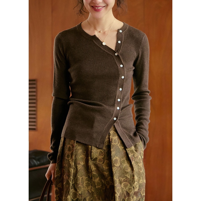 Chic Coffee O Neck Button Slim Fit Woolen Knit Top Fall