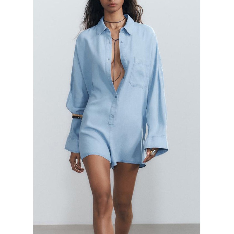 Loose Blue Peter Pan Collar Button Denim Jumpsuit Fall