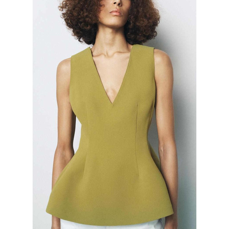 Simple Green V Neck Zippered Spandex Tops Sleeveless