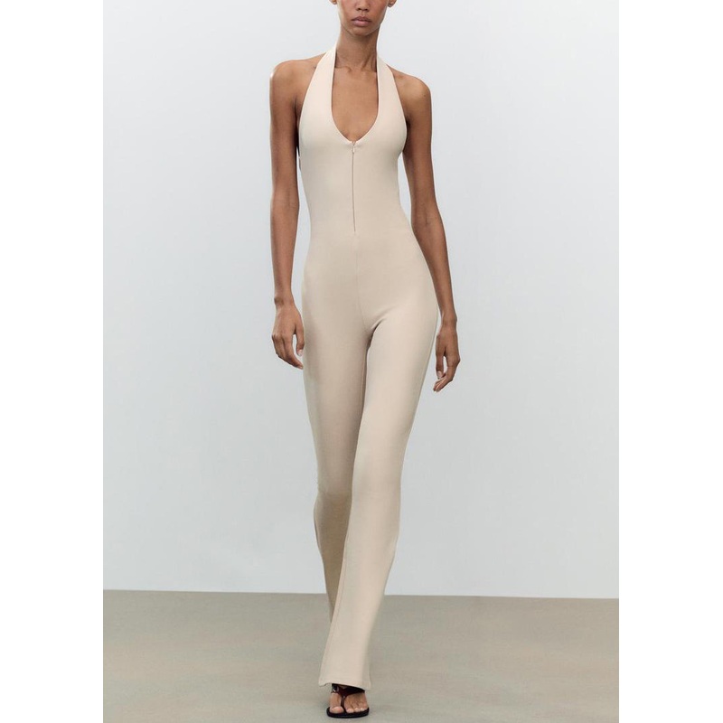 Slim Fit Beige Backless Zippered Solid Cotton Jumpsuit Sleeveless