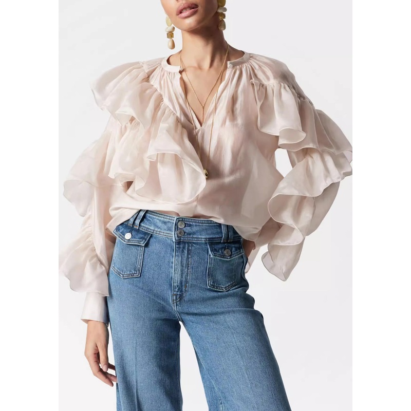Stylish O-Neck Ruffled Solid Silk Shirts Fall