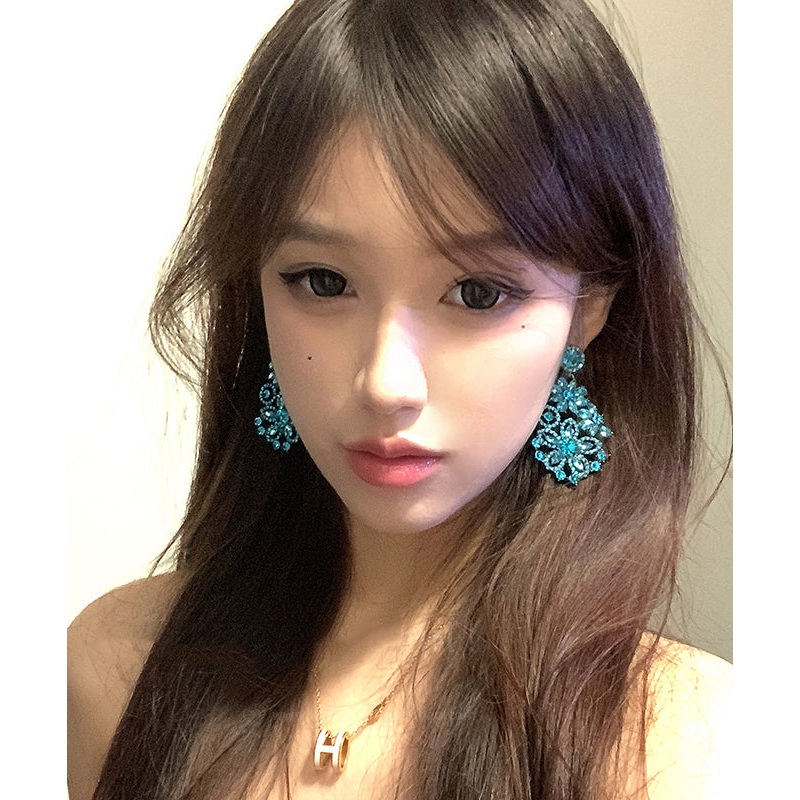 Vintage Blue Alloy Zircon Floral Drop Earrings