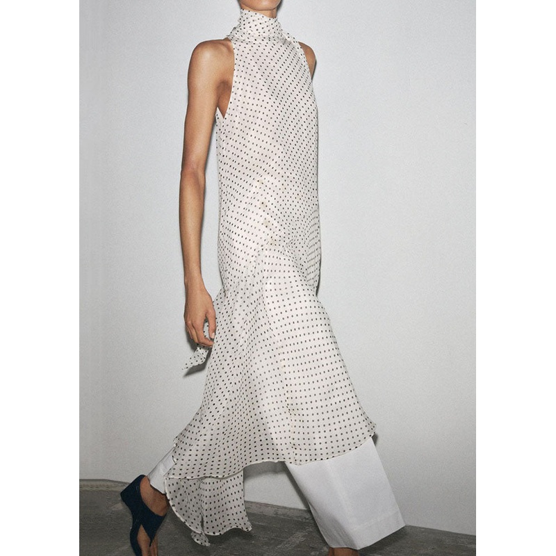 White Dot Side Open Chiffon Long Dress Lace Up Sleeveless
