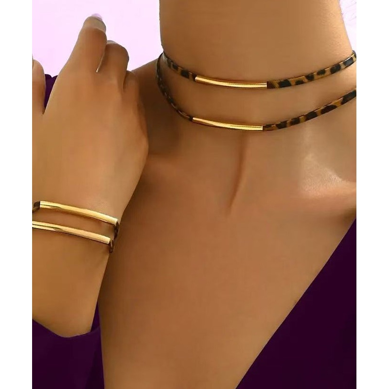 Women Leopard Copper Alloy Double-Layer Necklace And Bracelet Two-Piece Set