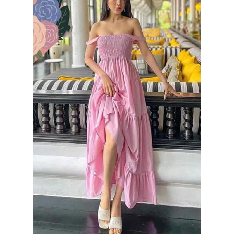 Women Pink Wrinkled Solid Cotton Spaghetti Strap Dress Sleeveless