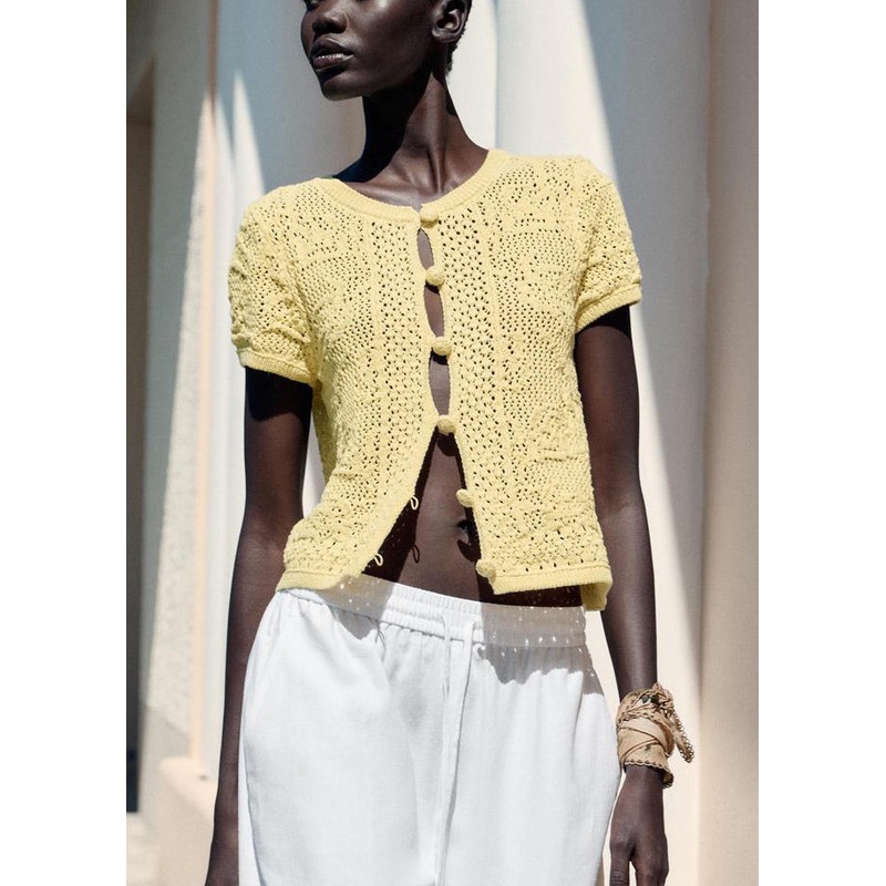 Women Yellow Button Hollow Out Knit T Shirt Summer