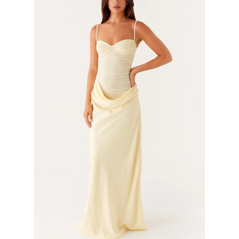 Yellow Wrinkled Tulle Patchwork Spaghetti Strap Dress Backless Summer