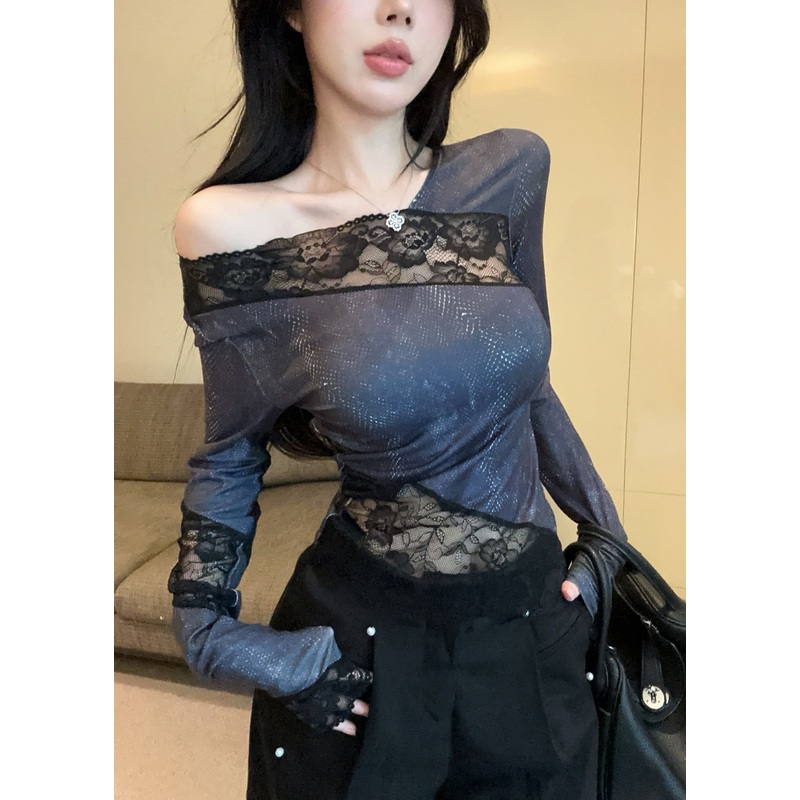 Art Navy Asymmetrical Patchwork Cold Shoulder Top Spring