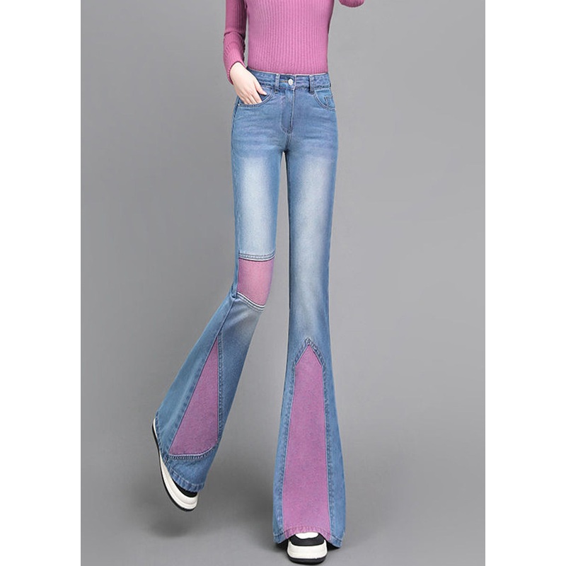 Art Pink Asymmetrical Patchwork Denim Bell-bottom Trousers Spring