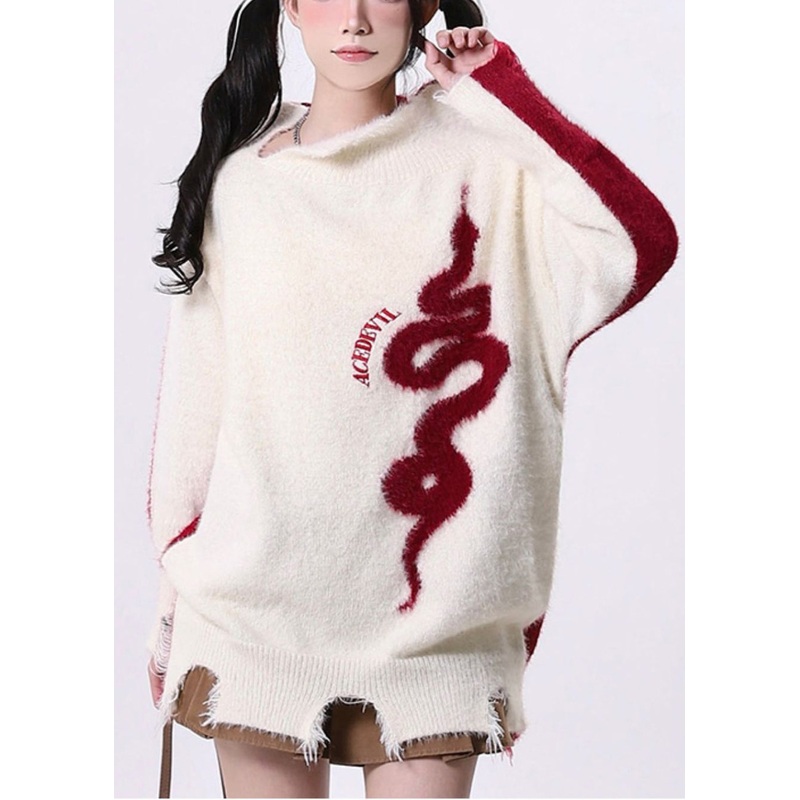 Art White Asymmetrical Patchwork Knit Sweaters Spring